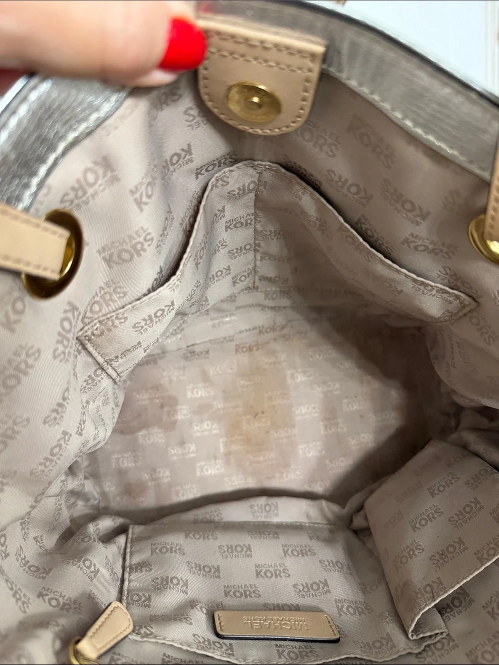 Michael Kors Metallic Silver Tote with Tan Straps